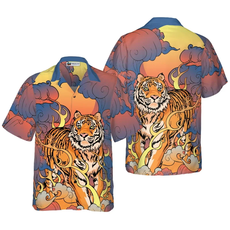 Camicia Retrò Uomo Con Stampa 3D Di Tigri, Colletto Alla Coreana, Maniche Lunghe, Casual E Hawaiana, Tigri Animali Vintage, Tessuto Morbido