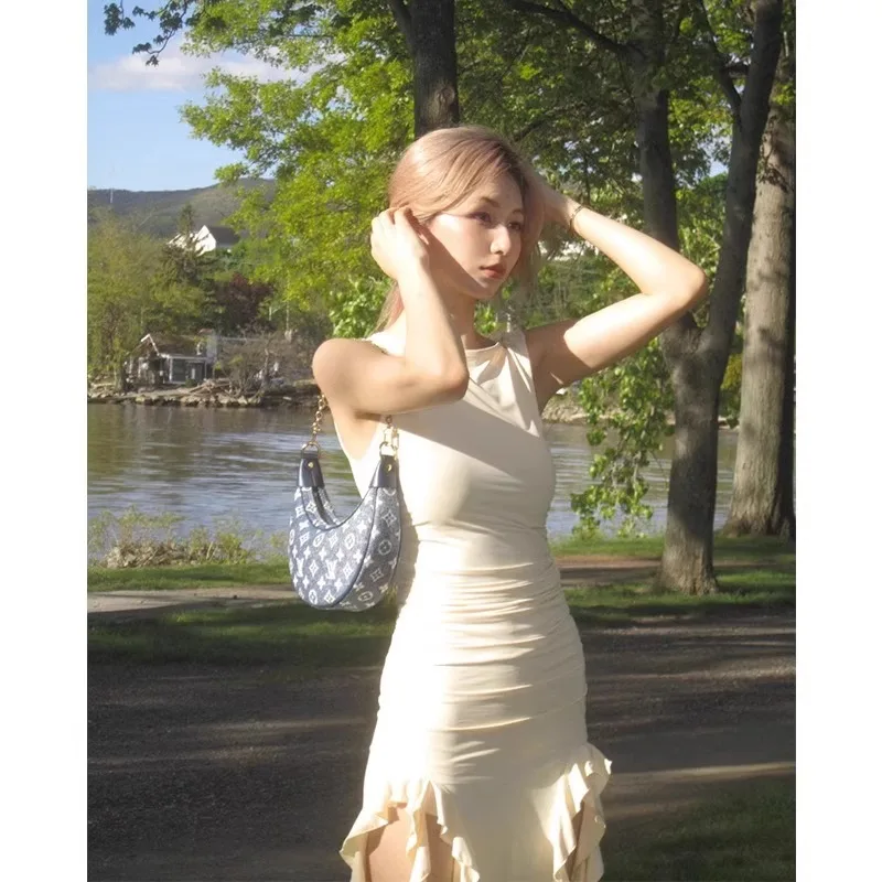 

2024 New Aesthetic Sexy Sleeveless Women Dresses Cascading Ruffles Asymmetrical Femme Robe Harajuku Y2k Summer Camisole Dress