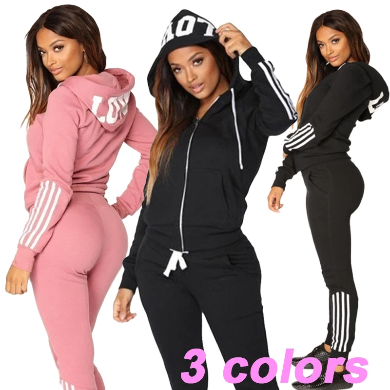 Women's three stripe sportswear two-piece casual long sleeved letter full zip hoodie and pants sportswear set