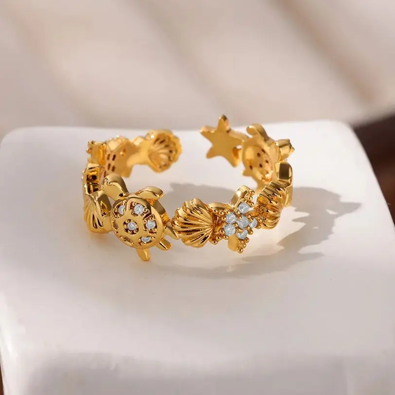 Shell Open Rings Women Gold Color Stainless Steel Adjustable Ring Wedding