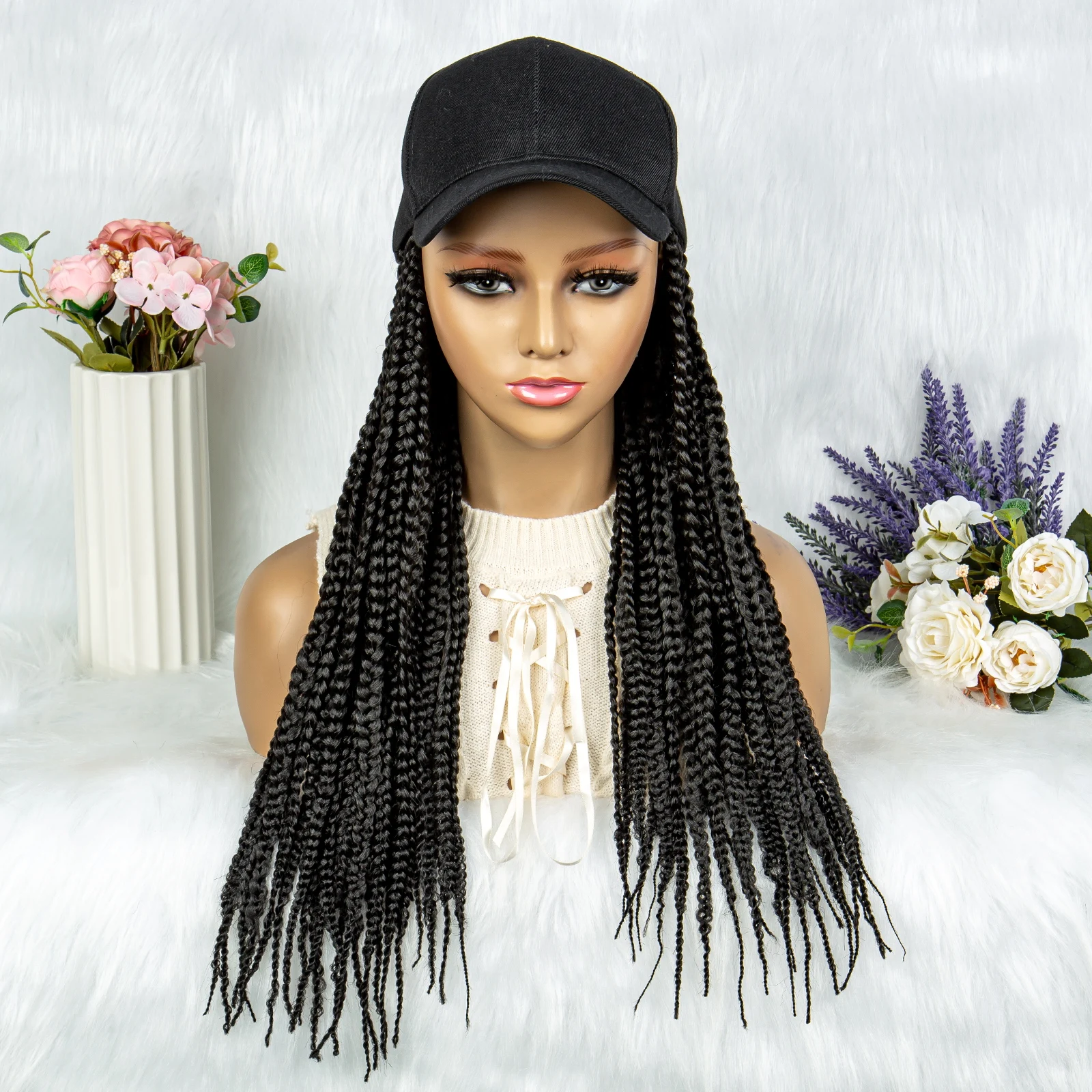 20 inches Braided Wigs Synthetic Baseball Cap Wig with Braided Box Braids Wigs For Afro Black Women Hat Wig Adjustable For Girls