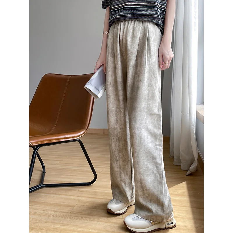 Women Pants 2024 Spring/Summer Korean Fashion High Waist Ice Linen Fabric Wide Leg Sweatpants Casual Straight Loose Trousers