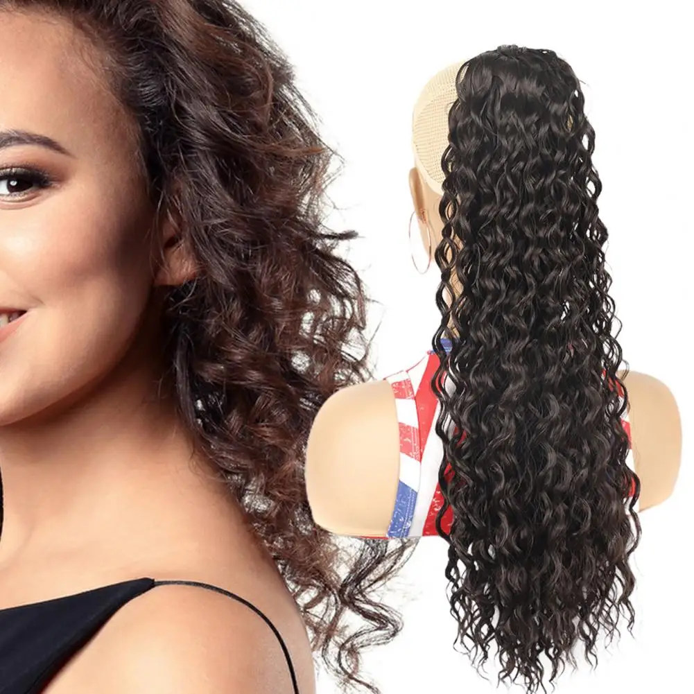 Ladies Wig Smooth Soft Fluffy Easy to Wear Thicken Hairs Hair Styling Anti-slip Drawstring Netting Long Curly Ponytail Wig Salon