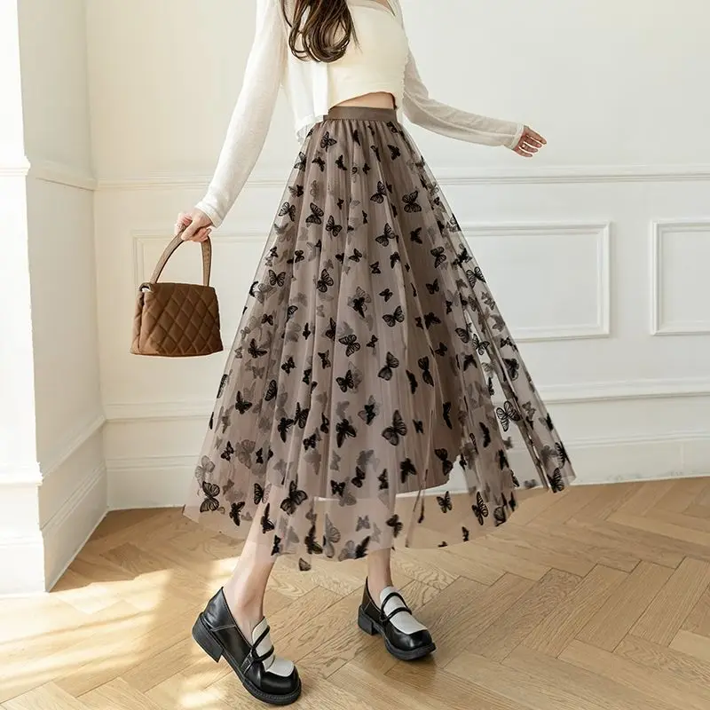 

Vintage Butterfly Tulle Pleated Skirts For Women Spring Summer Korean Elastic High Waist Midi Skirts Female Streetwear Clothing