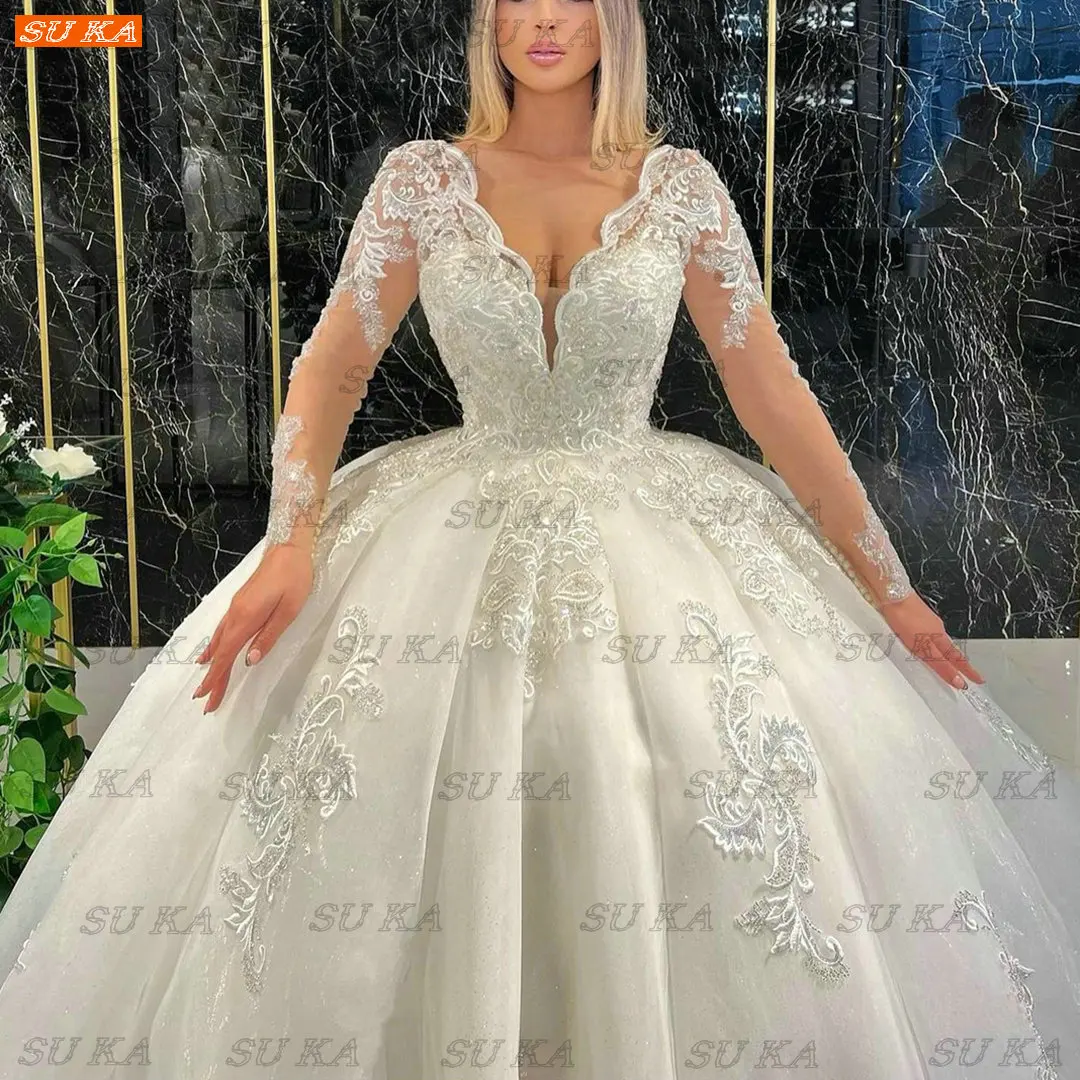 Luxury Fluffy Wedding Dress 2022 White Vestidos De Novia Long Sleeves Appliqued V Neck Bridal Dresses Custom Made Hochzeitskleid 6