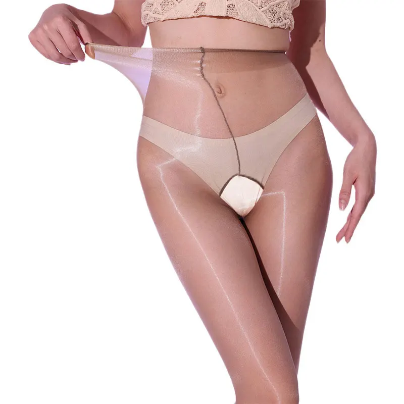Ultradünne 1D Open-Crotch Ölglanz-Strumpfhose für Damen, Hohe Taille, Schwarz, Kaffeebraun, Seidig, Sexy, Glänzend, Transparente Strumpfhose – Detail 8