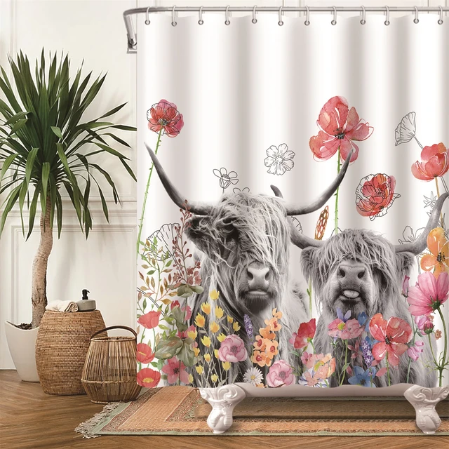 Farmhouse Highland Cow Shower Curtain Funny Bull Cattle Floral Leaves Decor  Country Style Bothroom Curtain Room