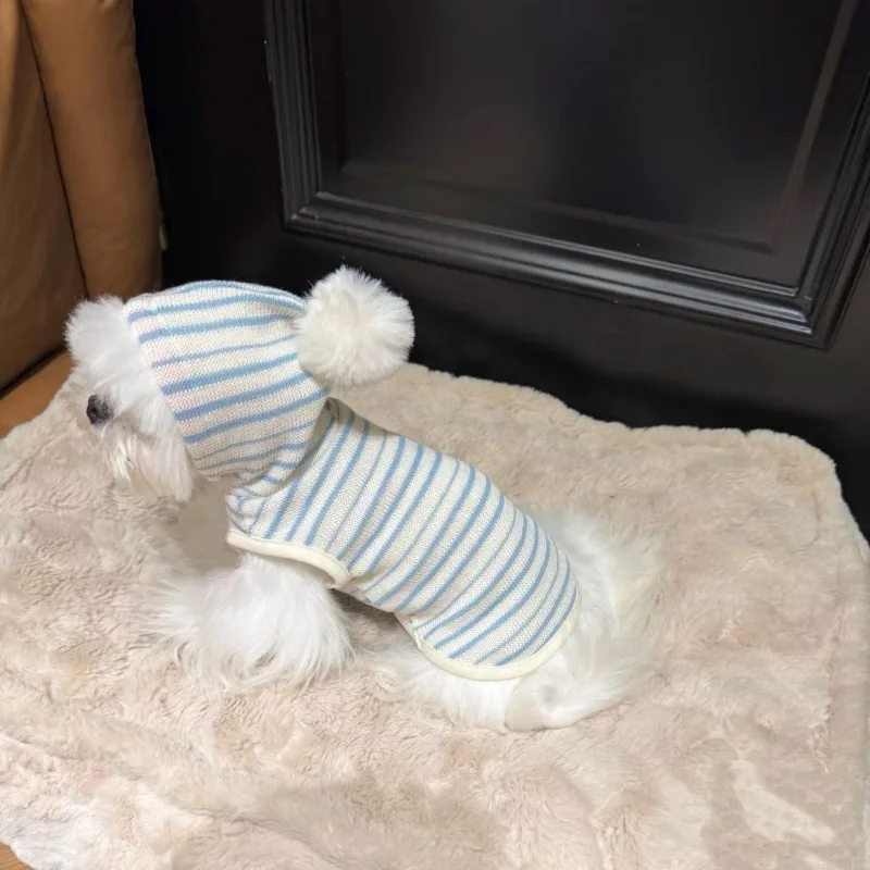 강아지 후드티 귀여운 파란색 줄무늬 후드티 봄 가을 요크셔 슈나우저 고양이 강아지 줄무늬 옷 소형 중형 강아지 고양이 스웨터