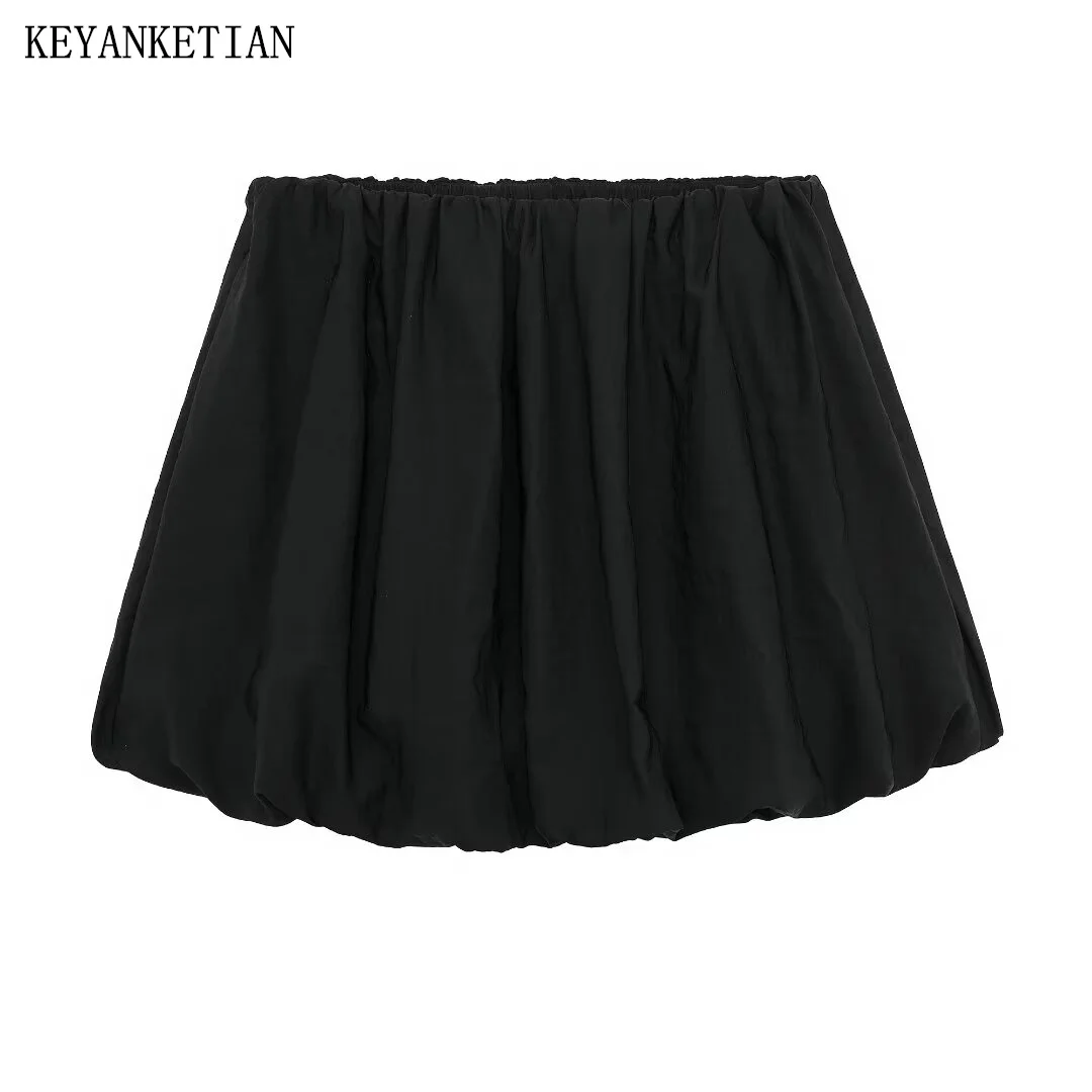 

KEYANKETIAN 2024 New Launch Women's Black Puffy skirt Summer Lolita Style Elastic Waist Pockets Sweet A Line Mini Skirt Female