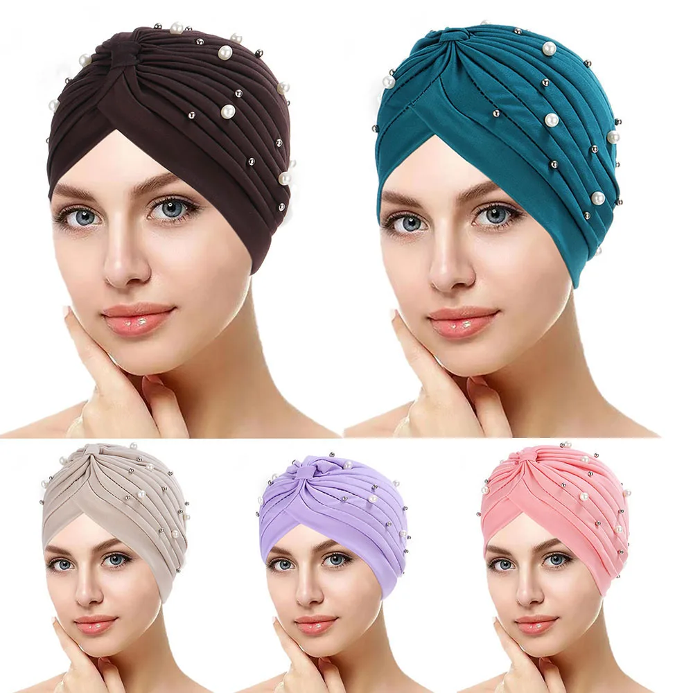

10 Solid Color Hijabs Big And Small Pearl Turban Caps Comfort High Elastic Headwear Four Season Skullcap Women Accessories
