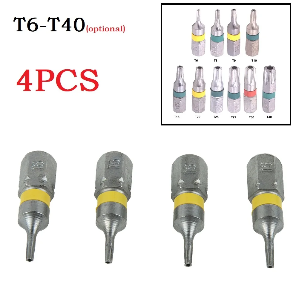 

4Pcs Magnetic T6-T40 Hex Head Electric Screw Driver Bit 1/4inch Hex Shank 25mm Spanner Security Drill Magnetic Bit Set