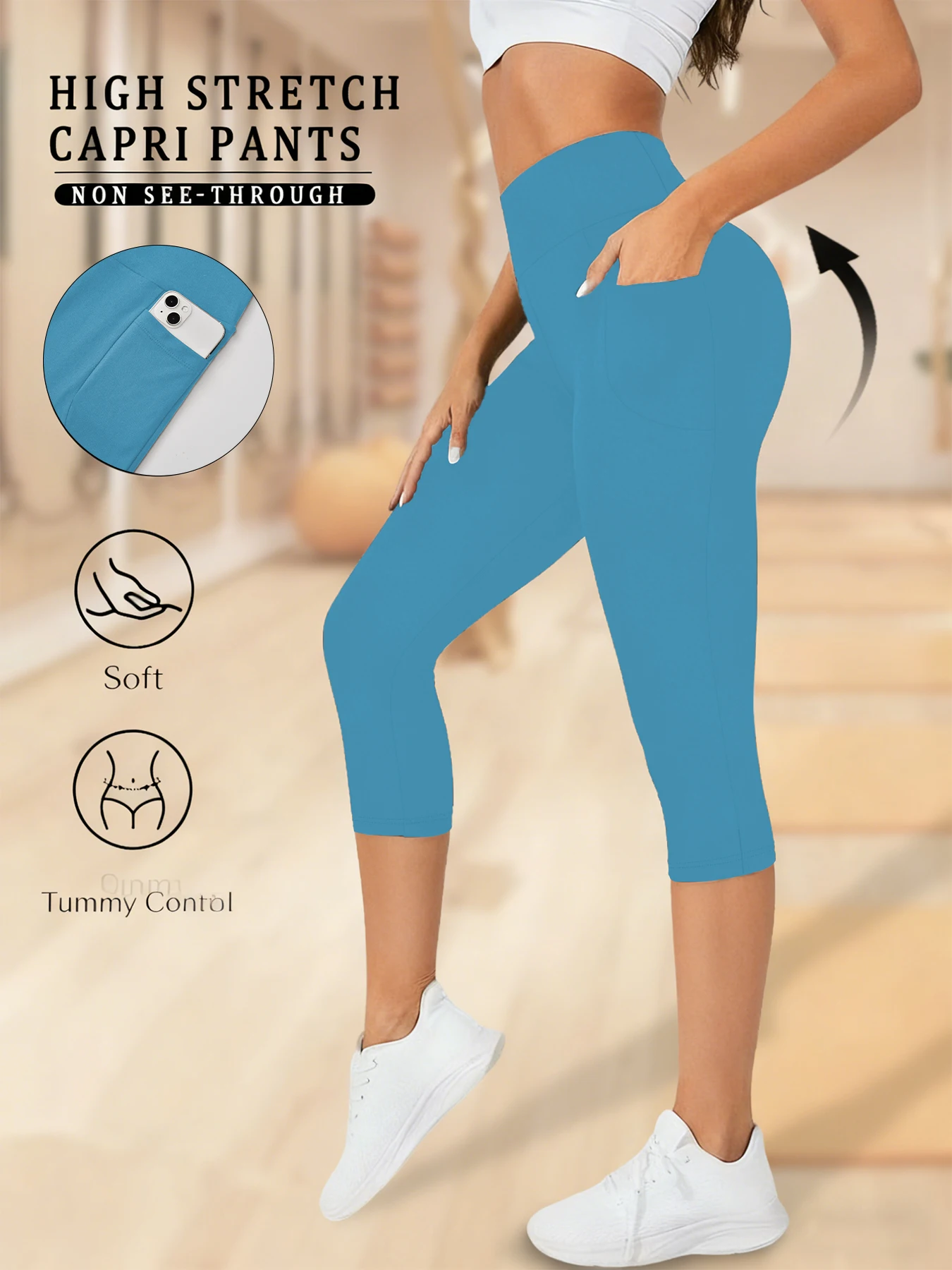 Women's High-Waisted Capri Yoga Pants with Pockets - Super Soft, Tummy Control, 5-Inch Length