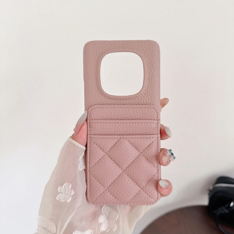 Lingge Leather Card Slot Wallet Phone Case - Solid Color Design