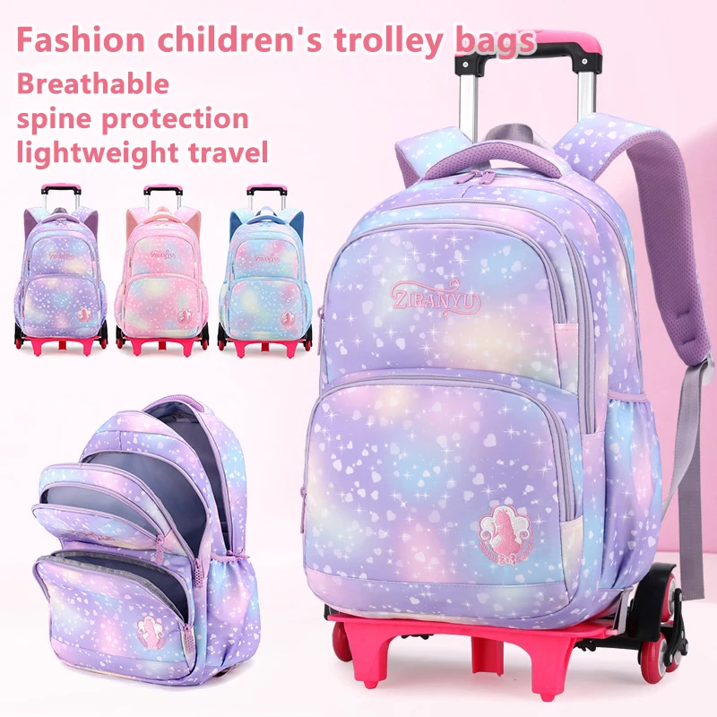 Children's trolley bags with wheels student backpack, girls trolley bags, cute school bags, large-capacity roller backpack, star