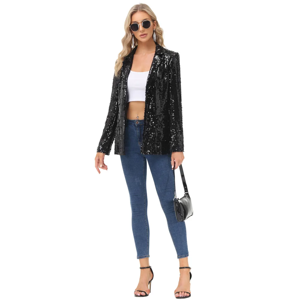 KK Women Sequined Coat Long Sleeve Lapel Collar Hips Length Office Lady Cocktail Party Jacket Formal Fashion Outerwear Casual