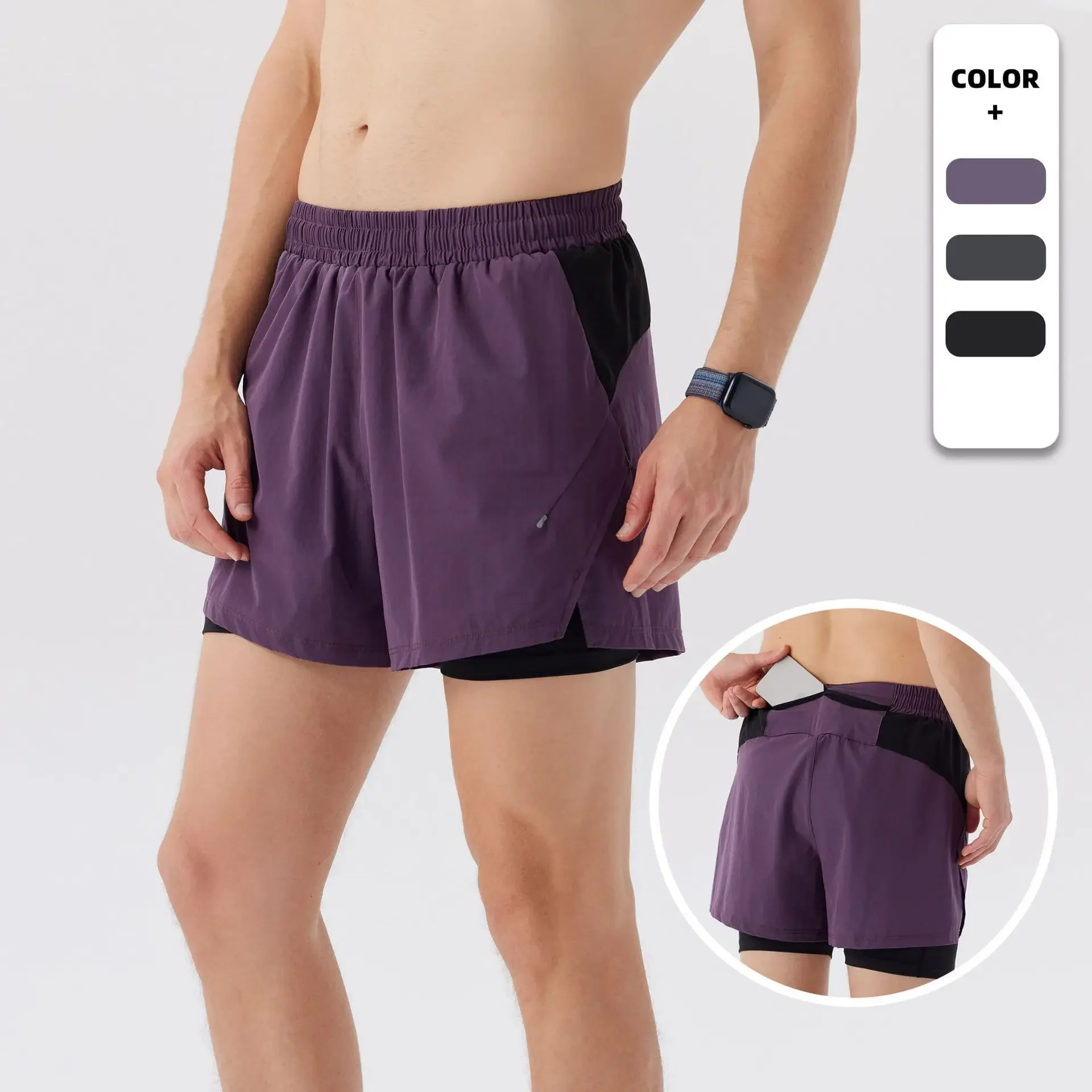 Men's Running Shorts Quick Dry Marathon Athletic Three-quarter Length with Inner Lining Double-layered Mobile Phone Pocket