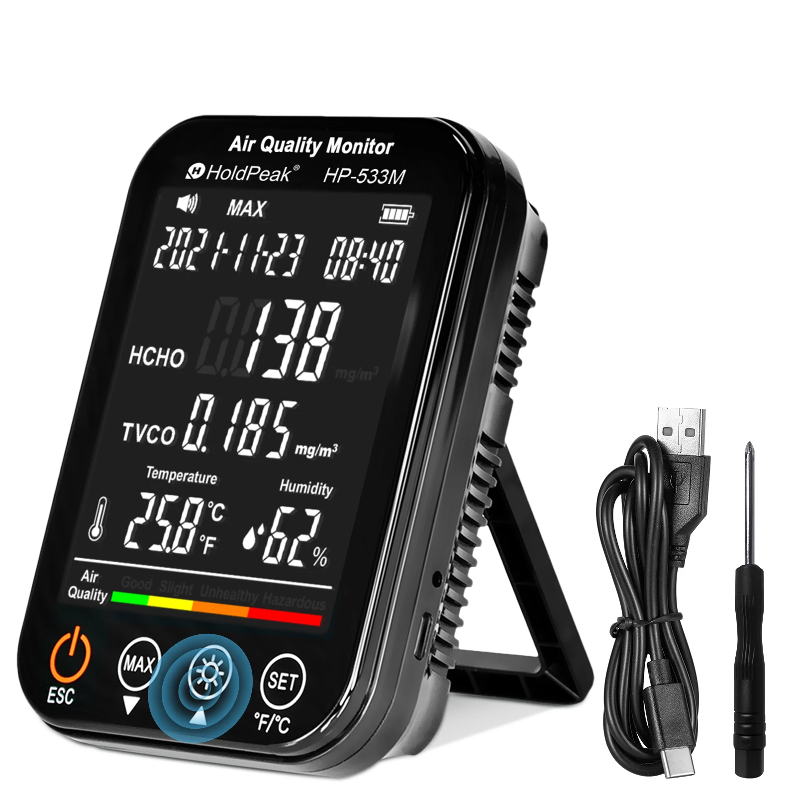 HoldPeak HP-533M комплексный монитор качества воздуха, измеритель качества воздуха в помещении с датчиком, сигнализацией и хранилищем данных для дома