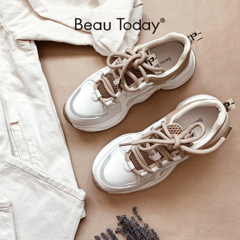

Chunky Sneakers Women Cow Leather Mesh Retro Casual Shoes Platform Lace-Up Trainers Handmade 29333