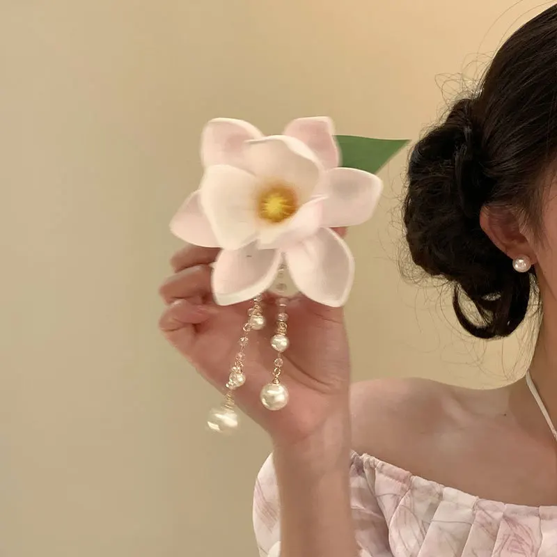 thumbnail image 2 of TseenYi Red Orchid Hair Clip – Large Fabric Floral Hairpin With Pearls, Bridal Wedding Headpiece, Boho Statement Clip 2 of 14