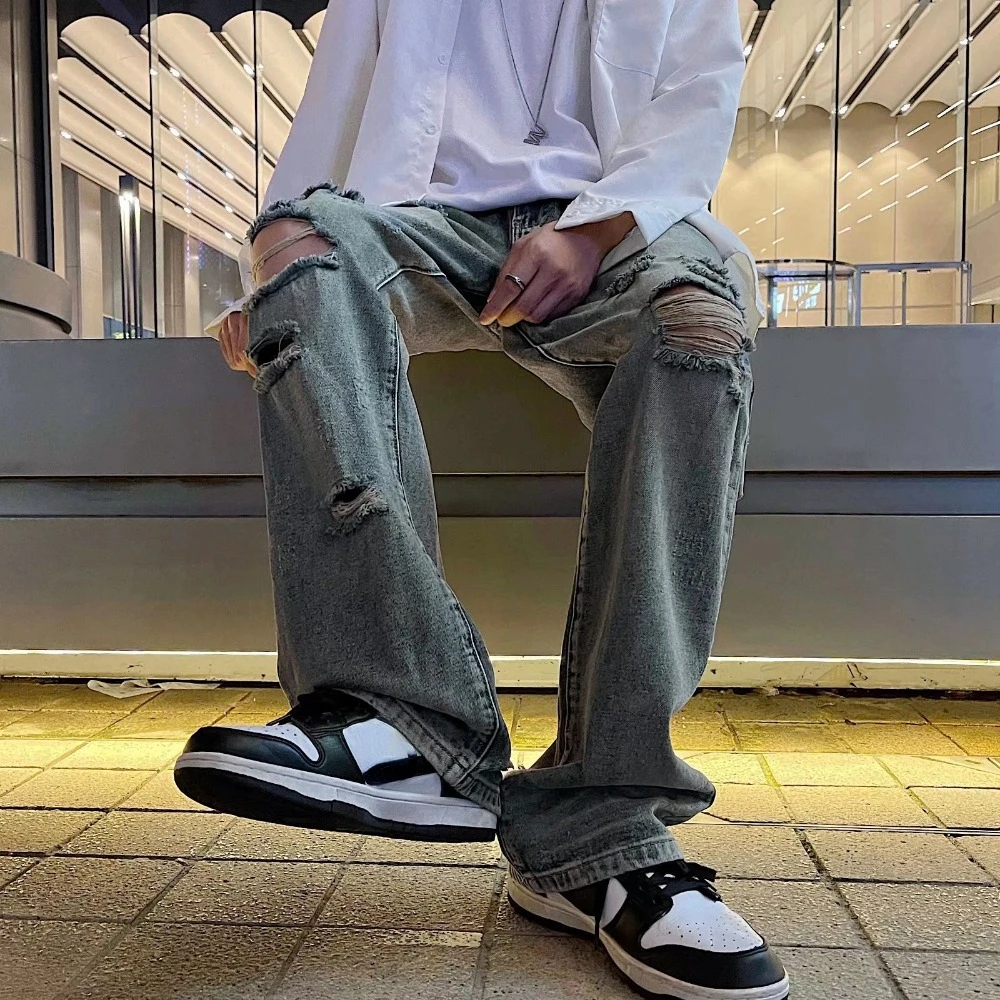 Washed old torn jeans for men's summer vibe high street trendy