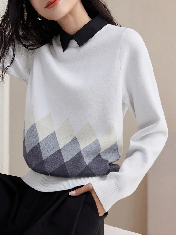 

Gray Back Button Lapel Geometric Sweater Women Winter Autumn 2024 New Korean Fashion Loose Casual Knitted Pullovers Female Tops
