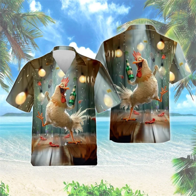 thumbnail image 1 of Camisa hawaiana con estampado 3D de gallo de dibujos animados para hombre, divertidas camisas Aloha con estampado de animales, blusas de calle unisex, blusas con solapa, mangas cortas, 1 of 5