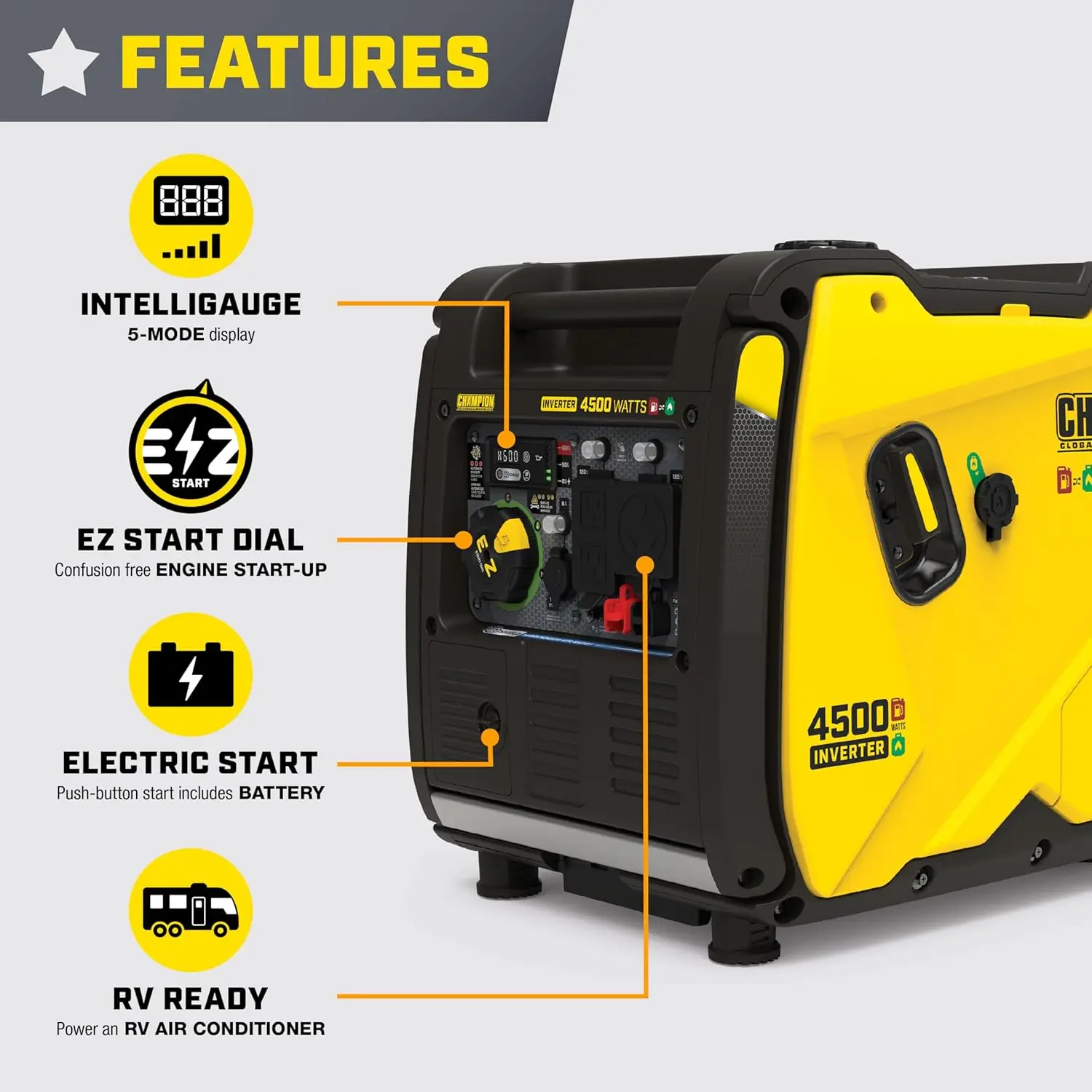 Portable Gas Generator 4500 Watt Electric Start Dual Fuel RV Ready Portable Inverter Generator Quiet Technology CO Shield Parallel Ready