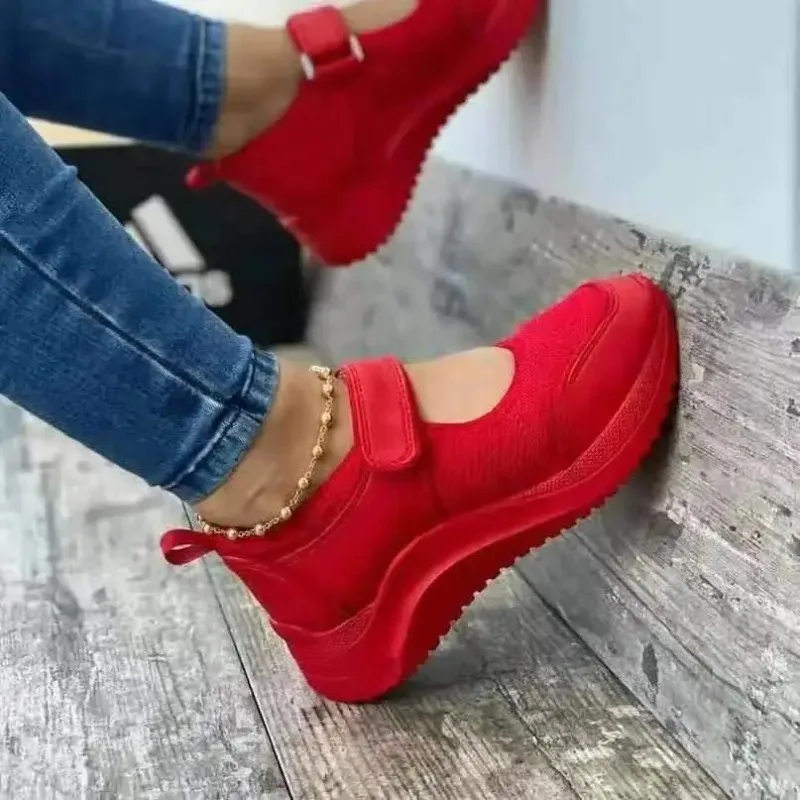 Round Head Knitted Women's Thick Sole Single Shoes Women's Large Size 36-43 Grid Casual Women's Shoes Sneakers Women