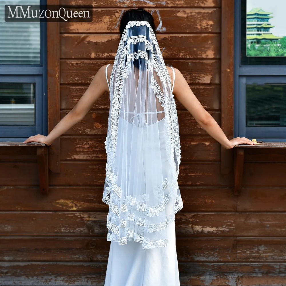 M91 Lace Edge Bridal Veil With Comb Off-White Long Wedding Veils