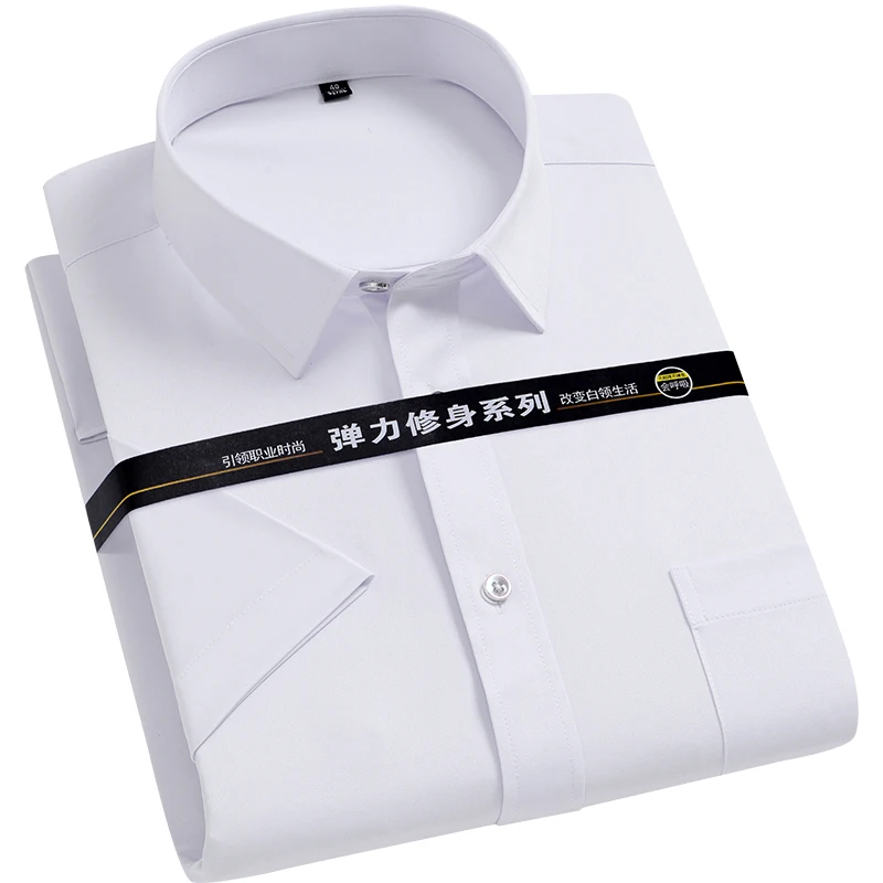 Men's Regular-fit Shirts Short Sleeve Stretch Easy Care Formal Business Blue Office Working Wear No Iron Solid Social Dress Tops 3