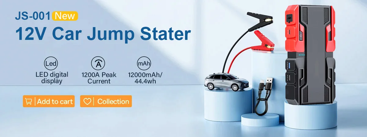 Jump starter portatile per batteria auto mostrato su una superficie