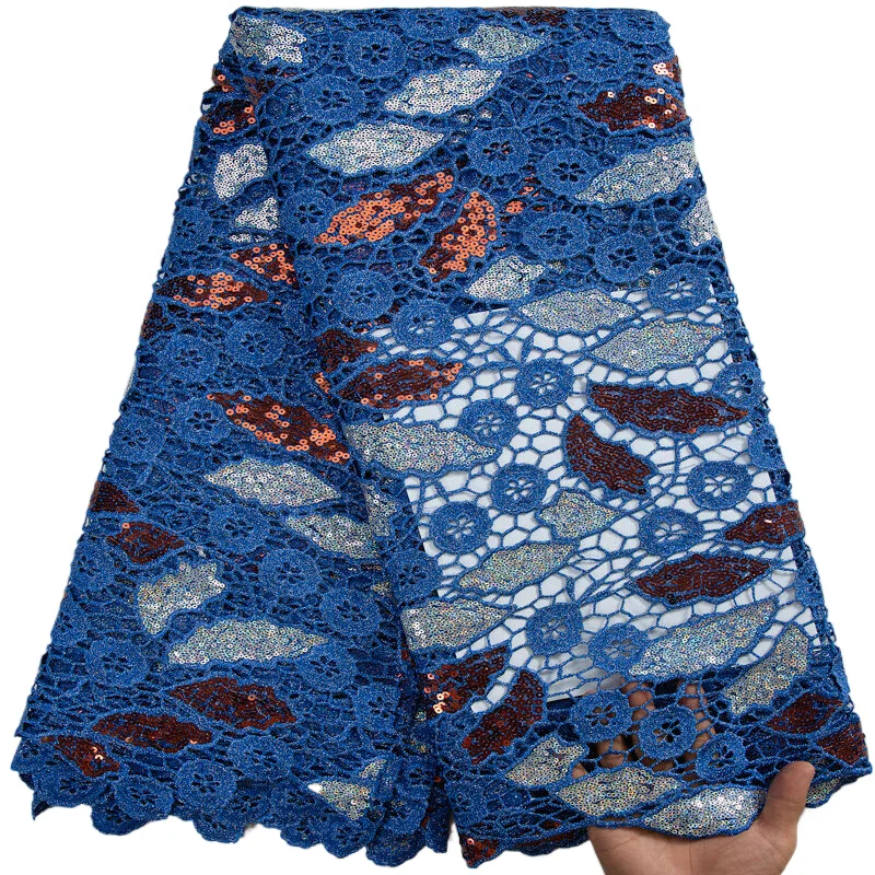 

African Soluble Guipure Lace Fabric 2023 High Quality Blue Nigerian French Cord Lace Sequins Fabric For Women Party Dress A3319