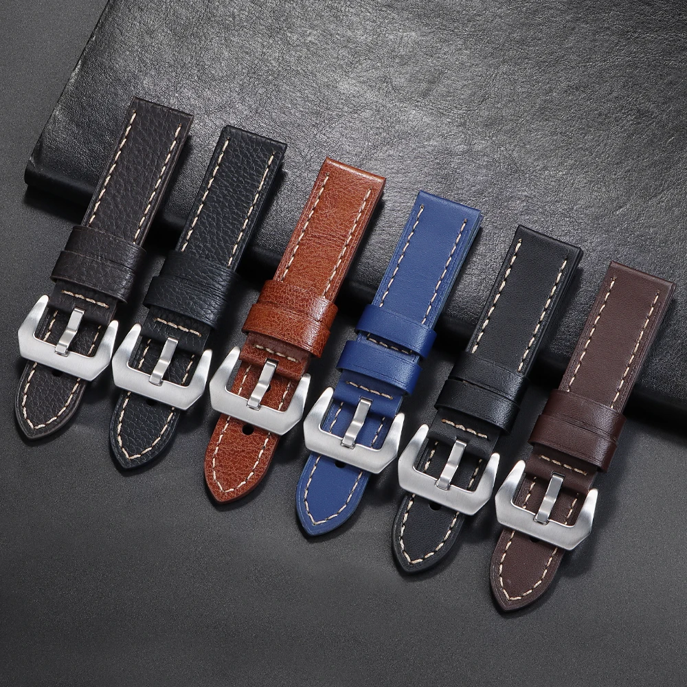 Vintage Matte Polished Genuine Leather Watch Strap - Blue Brown Bracelet