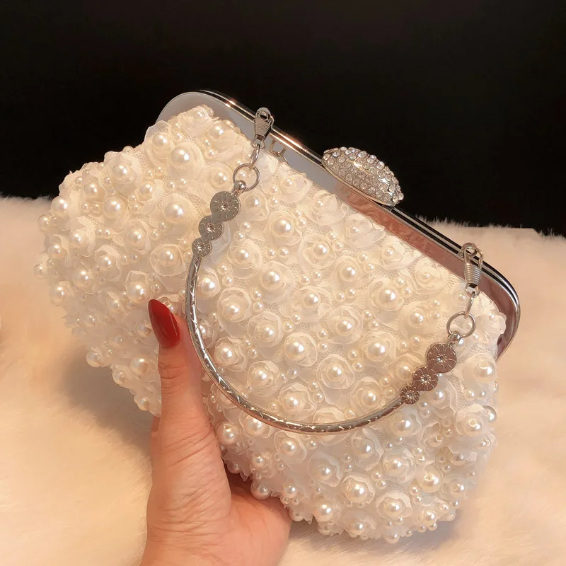 

Fashion Elegant Pearl Flower Evening Bags For Women Trendy Simple Silver Metal Handle Handbag Wedding Party Chain Shoulder Bags