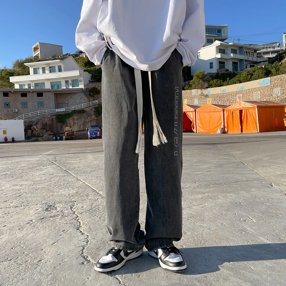 

Spring New Jeans Men's American Loose Straight Tube Large Drawstring Wide Leg Dad Pants