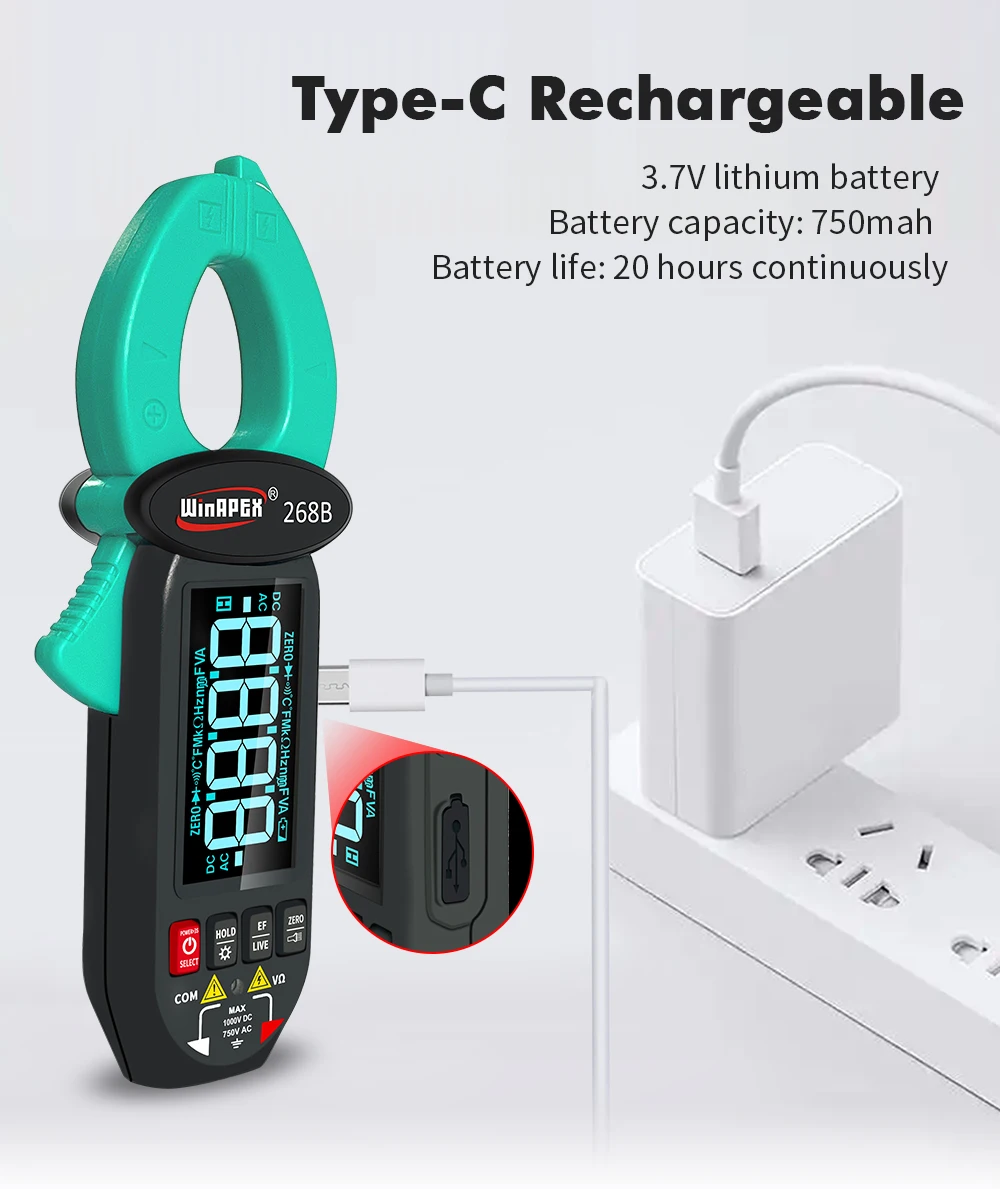 268B Digital Clamp Meter 60A 1000V AC DC Current Clamp True RMS Clamp Amperemeter Voltmeter Diode Temperature Capacitance Tester 5