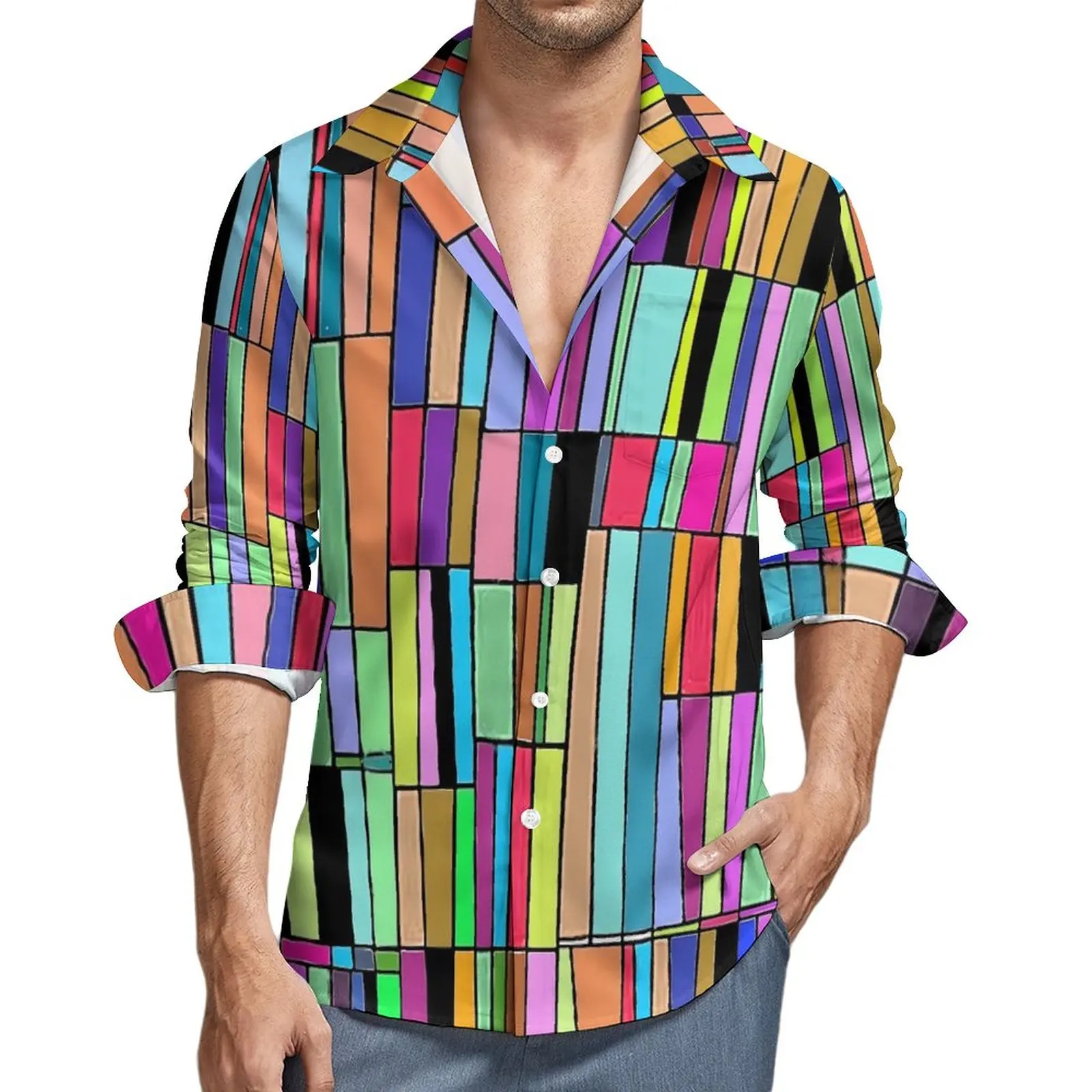 

Colorblock Casual Shirts Man Abstract Bookshelf Shirt Long Sleeve Trending Harajuku Blouses Autumn Printed Clothes Plus Size