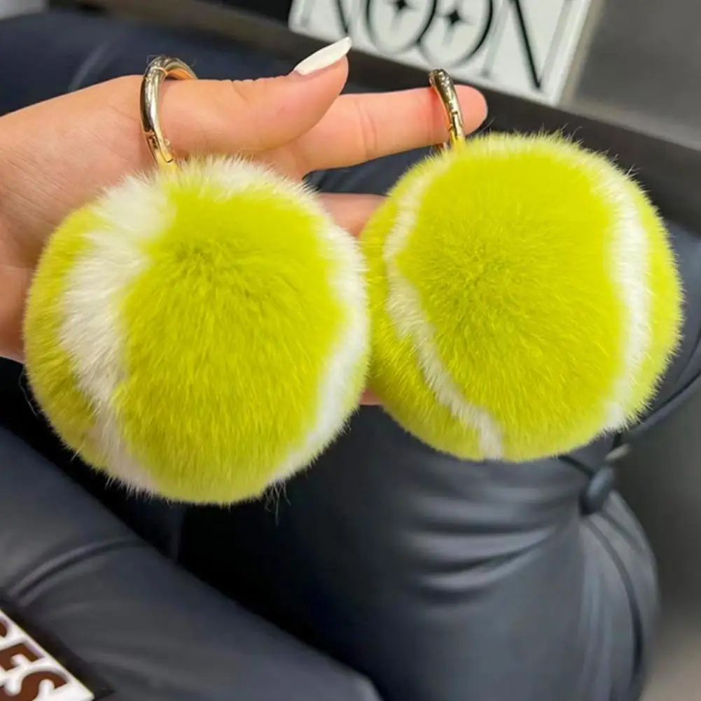 Tennis Ball Keyring Sports Charms Metal Ring Stress Relief Fuzzy Round Squeeze Ball Keychain Pendant Plush Decoration