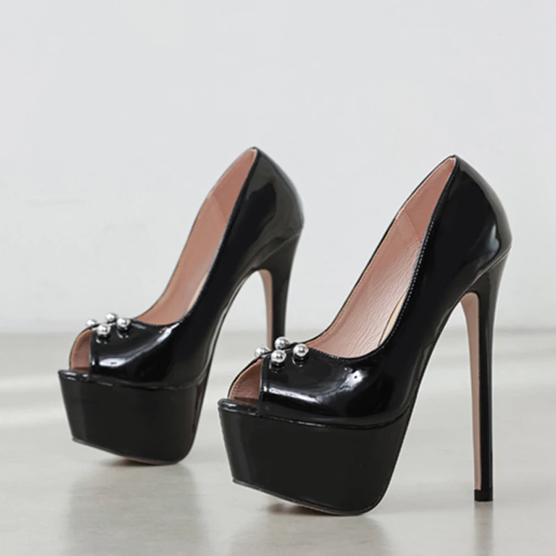 Liyke New Fashion Metal Rivet Peep Toe Black White High Heels For - Main Image