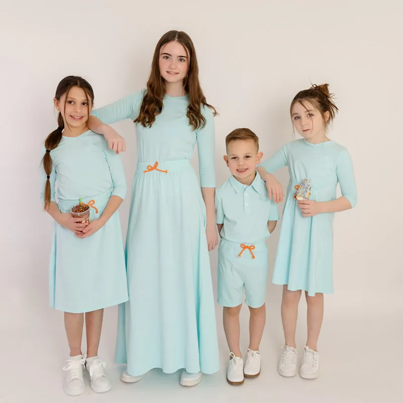 Ap 2025 Spring Summer Cotton navy blue Solid Casual Clothing Boys Girls Fashion Family Matching Clothes Dress Set 5