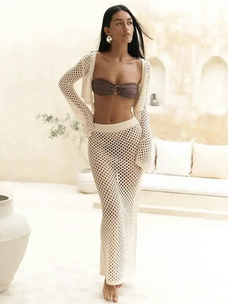 Swimsuit Cover Up Swimsuit Coverup Beach Dress Set Knitted Skirt Set Sexy Knit Cut Out Two Piece Swimsuit Cover Up Summer Women Bell Sleeve Waist Tie Up Top Long Skirt Set Club Beach Dress K41