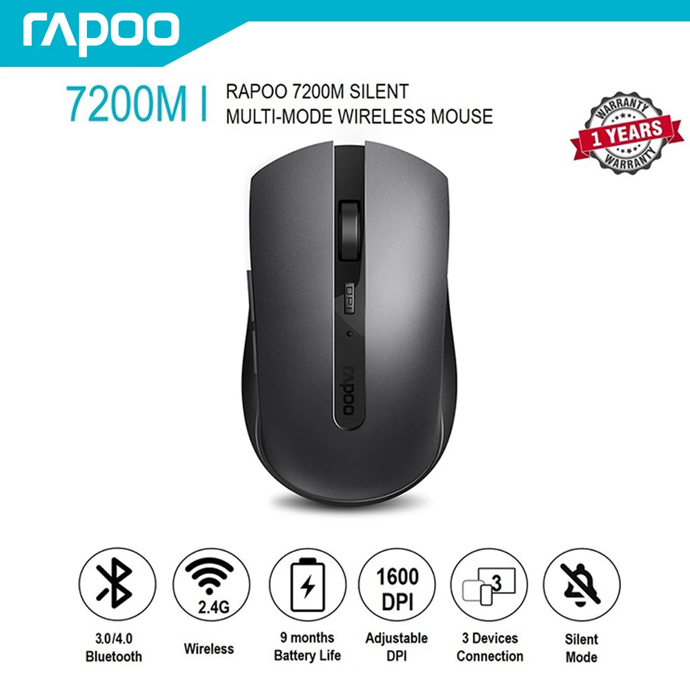 Rapoo 7200M Multi-Mode Wireless Mouse Noiseless Bluetooth Mouse 1600DPI Bluetooth 3.0/4.0 RF 2.4GHz for Three Devices Connect