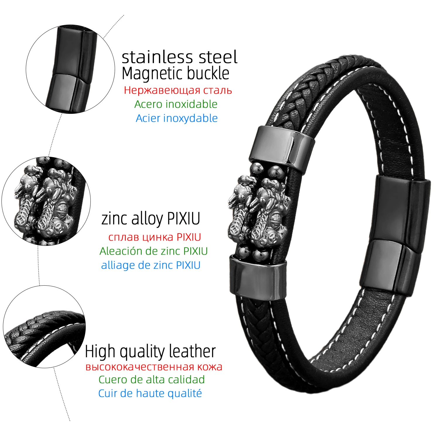 Wholesale Jewelry Pure Black Titanium Leather Bracelet