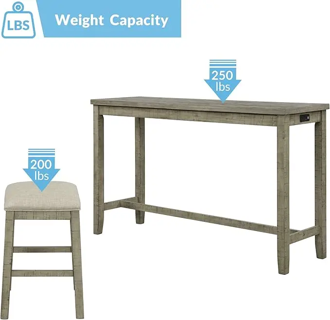 4-Piece Bar Table Set Counter Height Dining Pub Table Set with 3 Bar Stools Multipurpose Pub with USB Interface