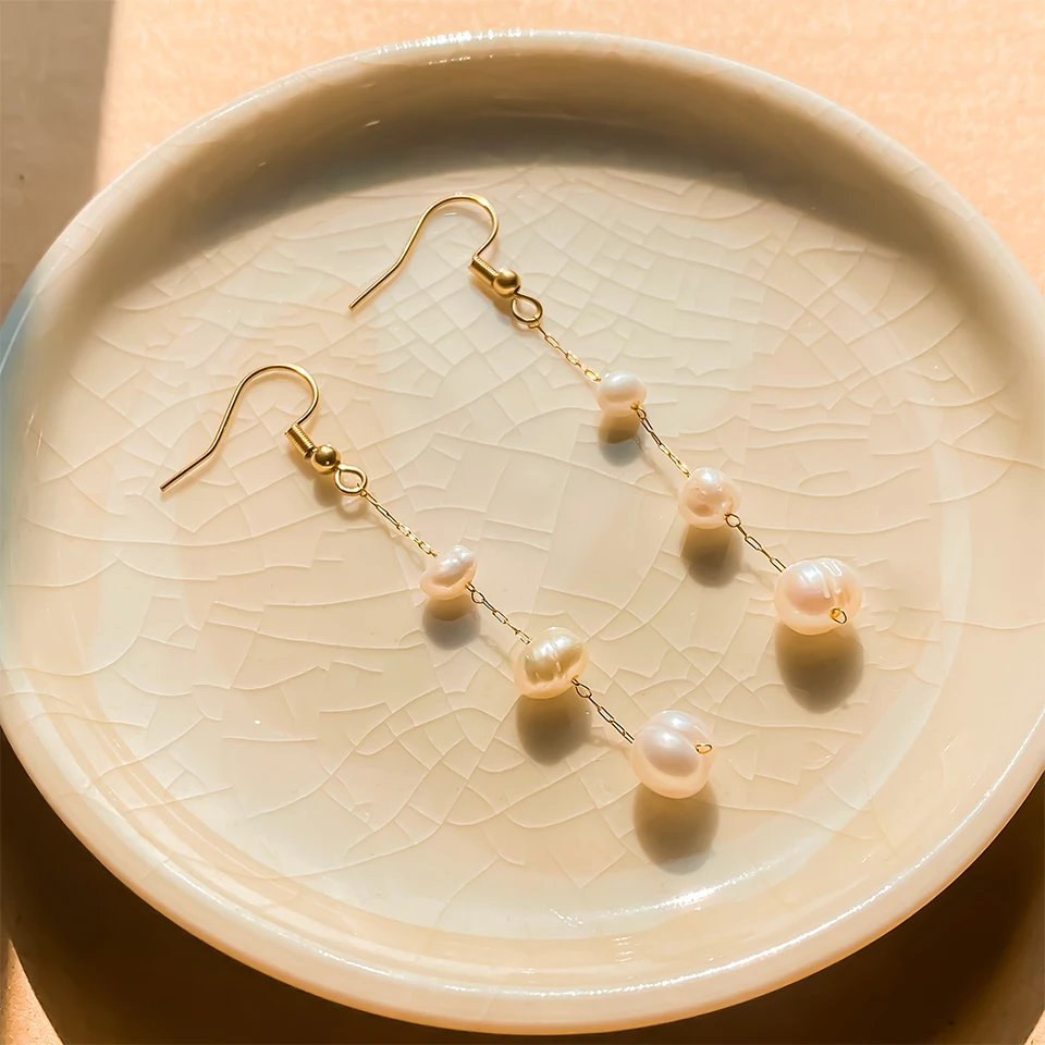 Feine natürliche Süßwasserperlen-Tropfenohrringe, 14 Karat vergoldeter Edelstahl, Zubehör, Damenschmuck, Factory Outlet – Detail 6