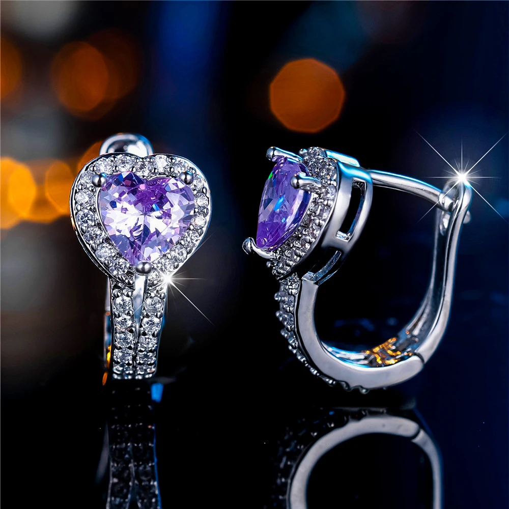 Charm Female Small Angel Purple Zircon Stone Heart Hoop Earrings Vintage Silver Color Simple Wedding Jewelry For Women