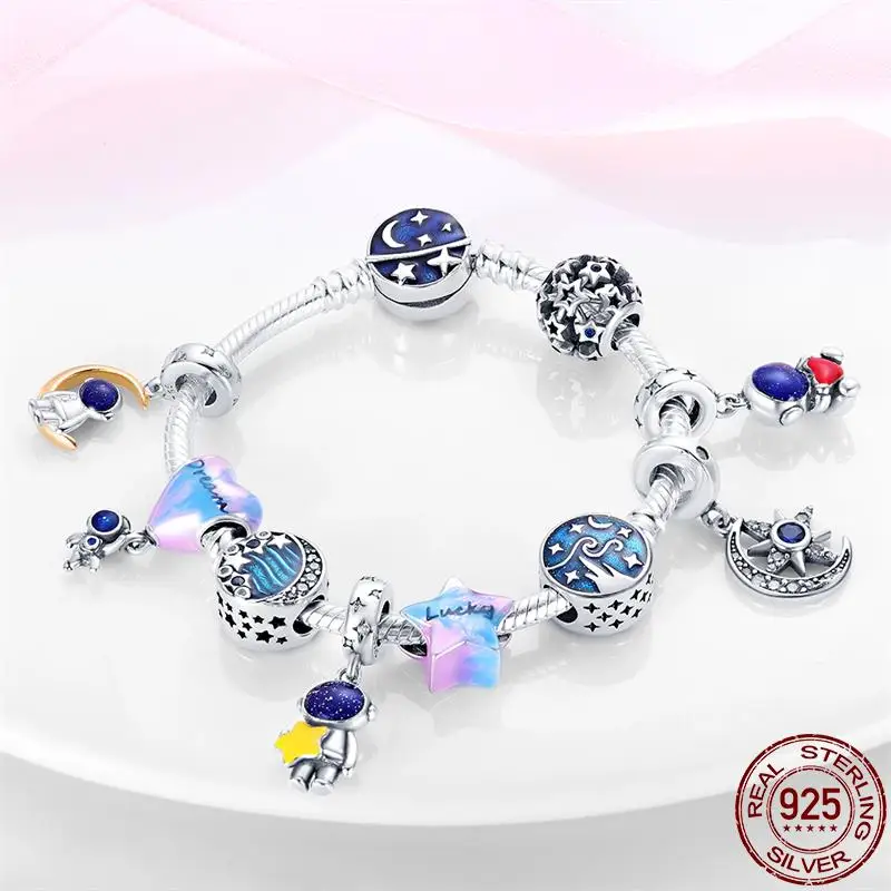 Fit Pandora 925 Original Bracelet Astronauts, Early Spring ,Traveling Charms Beads For Women's DIY Birthday Jewelry Gift Making