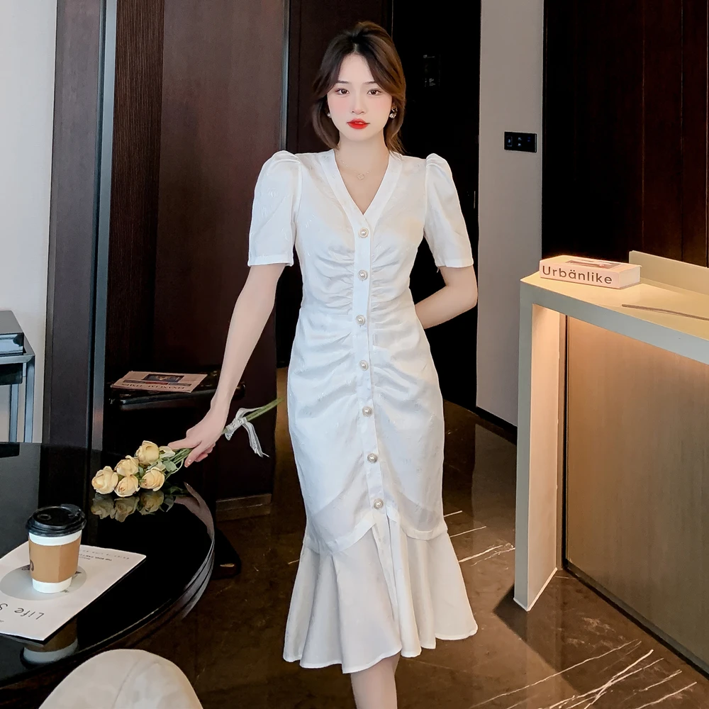 

Fishtail Dress Female 2022 Summer New French Puff Sleeves V-neck Pearl Buckle Pleated Waist Slim Split Mid-length Dress Women