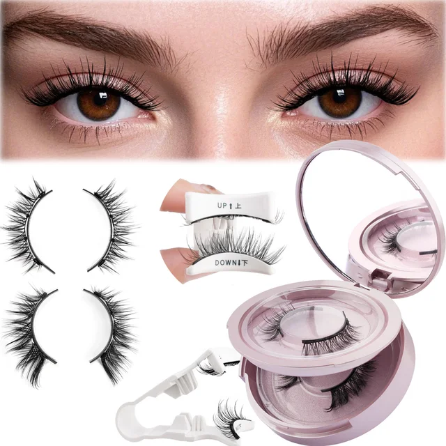 2 Pairs Magnetic Eyelash Natural Look Fluffy False Eyelashes Reusable Magnetic Eyelash Set with Applicator No Glue Need Makeup
