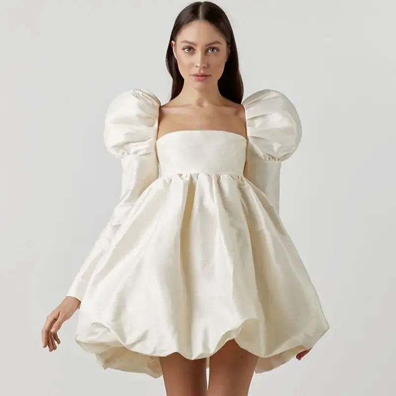 

Puff Sleeve Satin Lace Up Mini Princess Dress Small Long Sleeve Draped Square Neck Palace Style Dress Women Classy Temperament
